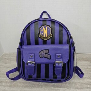 Wednesday Addams Nevermore Academy Mini Backpack Purple Black Striped Kids Bag